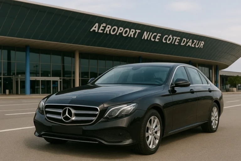 Mercedes Classe E noire de DS Prestige Driver devant l’aéroport Nice Côte d’Azur pour un service de chauffeur privé VTC