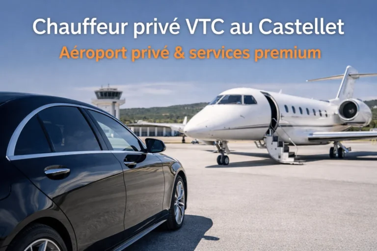 alt="Chauffeur privé VTC au Castellet avec véhicule de luxe devant l’aéroport privé du Castellet"