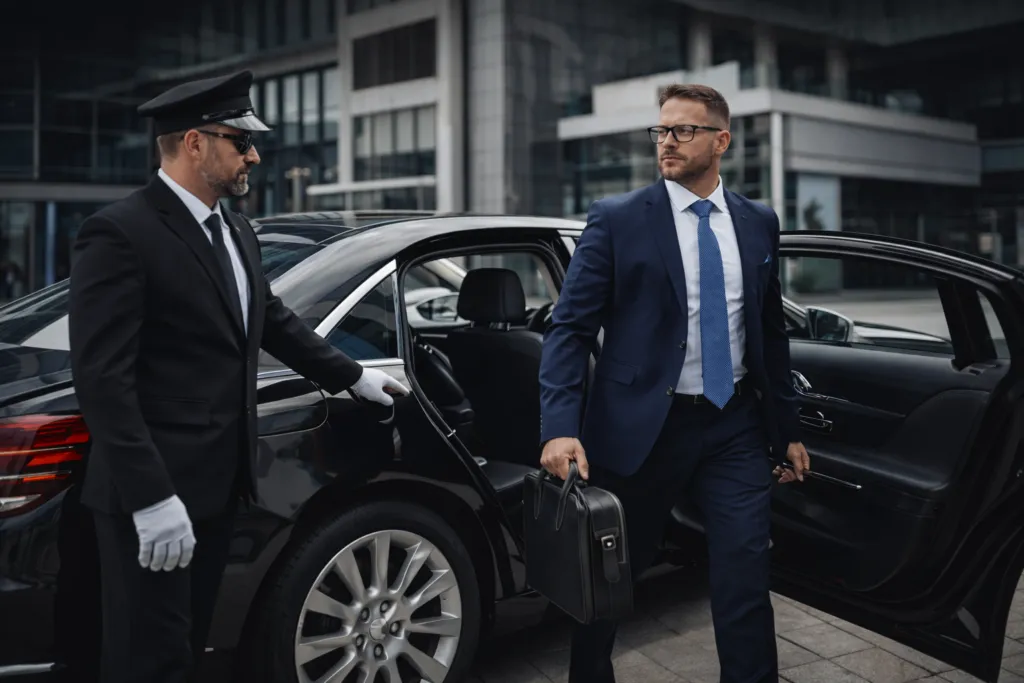 Chauffeur privé professionnel ouvrant la porte d’un véhicule haut de gamme pour un dirigeant d’entreprise – DS Prestige Driver