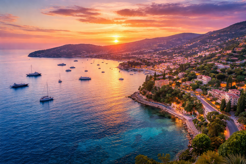 Paysage de la Côte d’Azur au coucher du soleil avec vue sur la mer Méditerranée