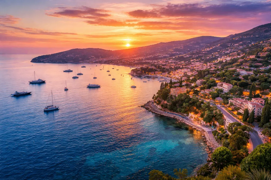 Paysage de la Côte d’Azur au coucher du soleil avec vue sur la mer Méditerranée