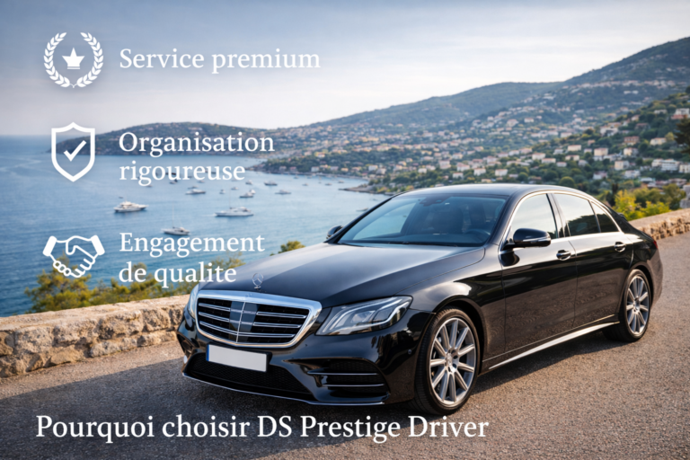Véhicule de chauffeur privé haut de gamme sur la Côte d’Azur symbolisant le service premium de DS Prestige Driver