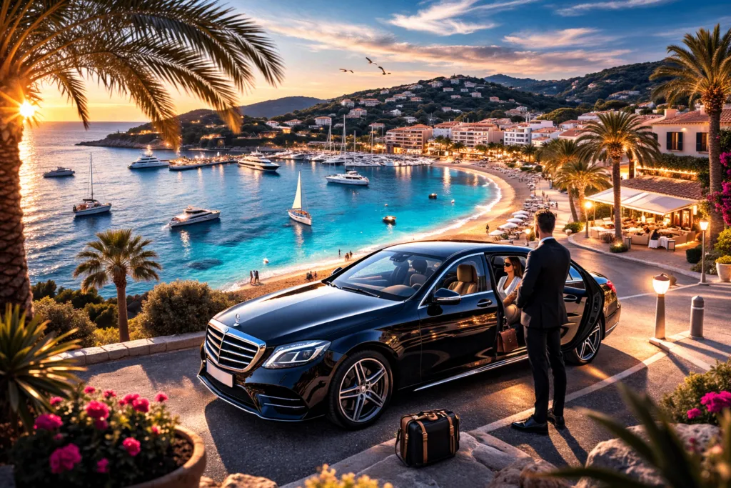 Chauffeur privé VTC à Cavalaire-sur-Mer avec véhicule haut de gamme face au port au coucher du soleil