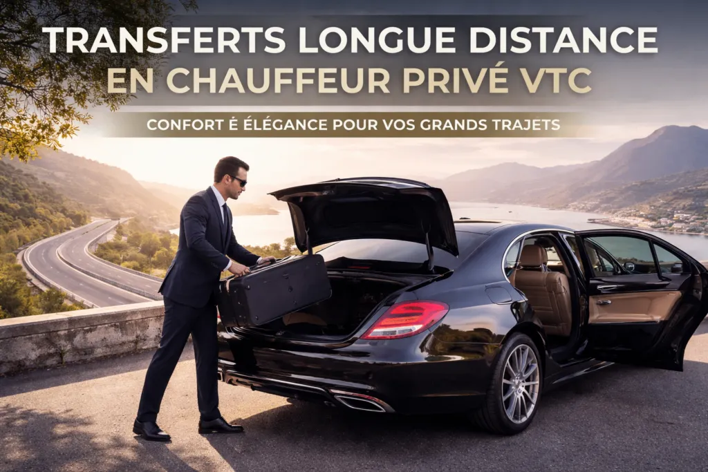 Chauffeur privé VTC premium effectuant un transfert longue distance avec véhicule haut de gamme et prise en charge des bagages