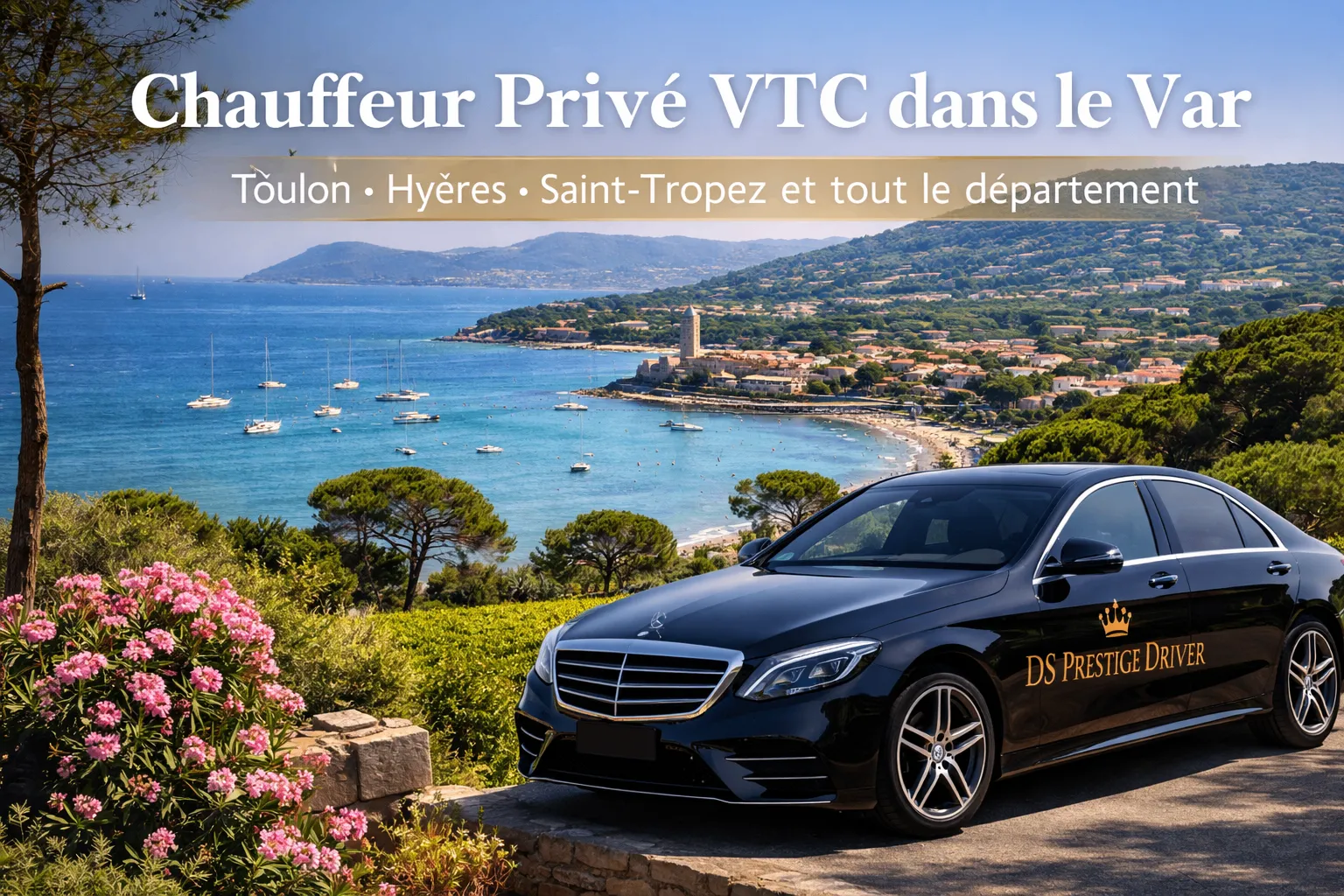 chauffeur privé VTC DS Prestige Driver dans le Var avec Mercedes et vue sur la côte méditerranéenne