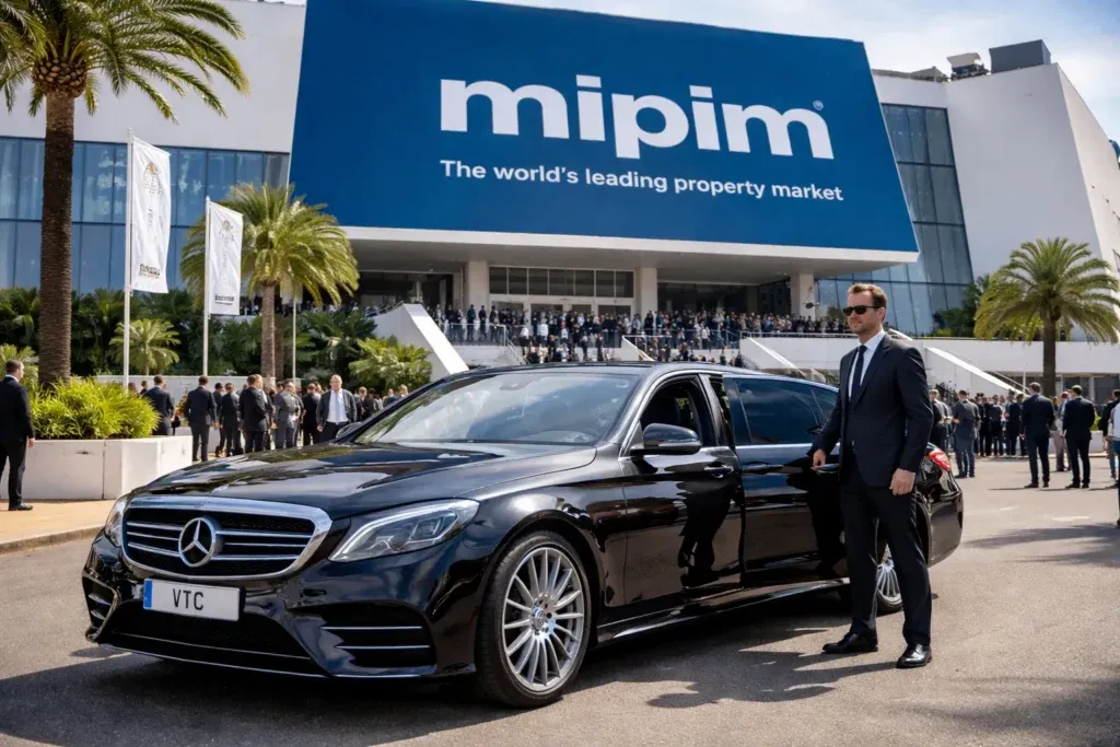 Chauffeur privé VTC devant le Palais des Festivals à Cannes pour le salon immobilier MIPIM
