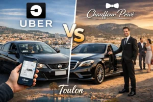 Comparatif Uber et chauffeur privé à Toulon montrant une voiture Uber standard et un chauffeur VTC haut de gamme avec service premium dans le Var