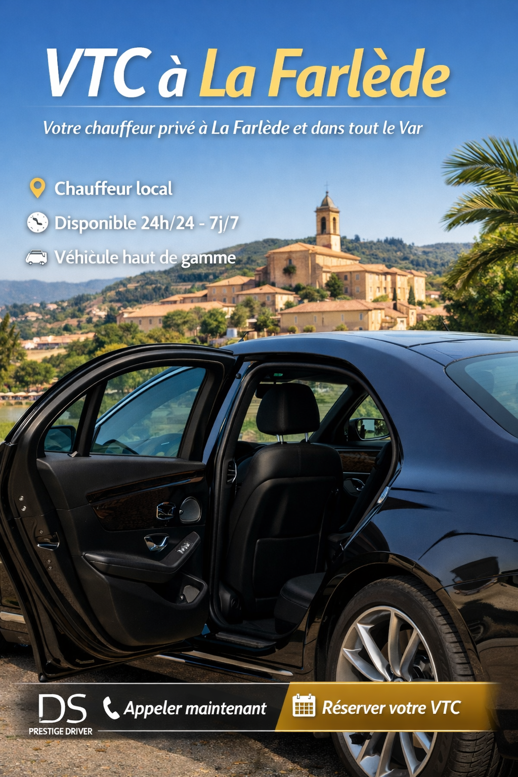 Chauffeur privé VTC à La Farlède véhicule haut de gamme DS Prestige Driver pour transferts dans le Var