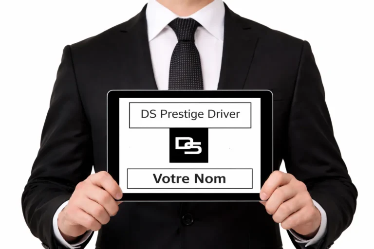 Chauffeur privé avec pancarte personnalisée pour accueil client à l’aéroport ou gare dans le Var