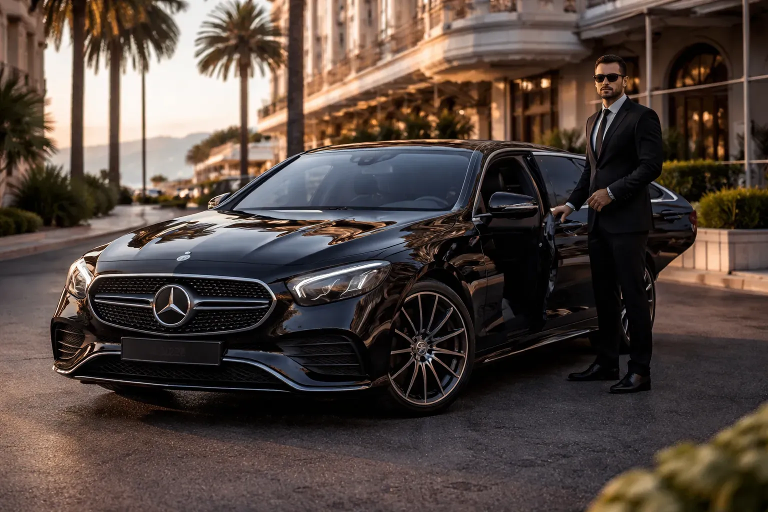 Chauffeur privé à Cannes avec Mercedes Classe E 2025 devant hôtel de luxe sur la Croisette – service VTC haut de gamme