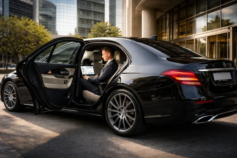 Homme d’affaires travaillant sur ordinateur à l’arrière d’une Mercedes Classe E noire, illustrant un service de chauffeur privé premium pour déplacements professionnels