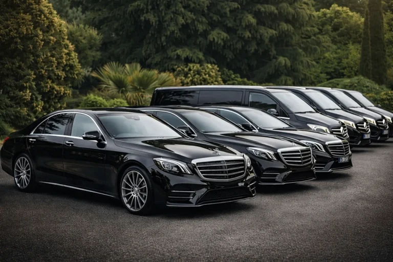 Alignement de berlines Mercedes Classe S et vans haut de gamme noirs stationnés sur une allée, représentant un service de transport chauffeur privé premium entouré de verdure.