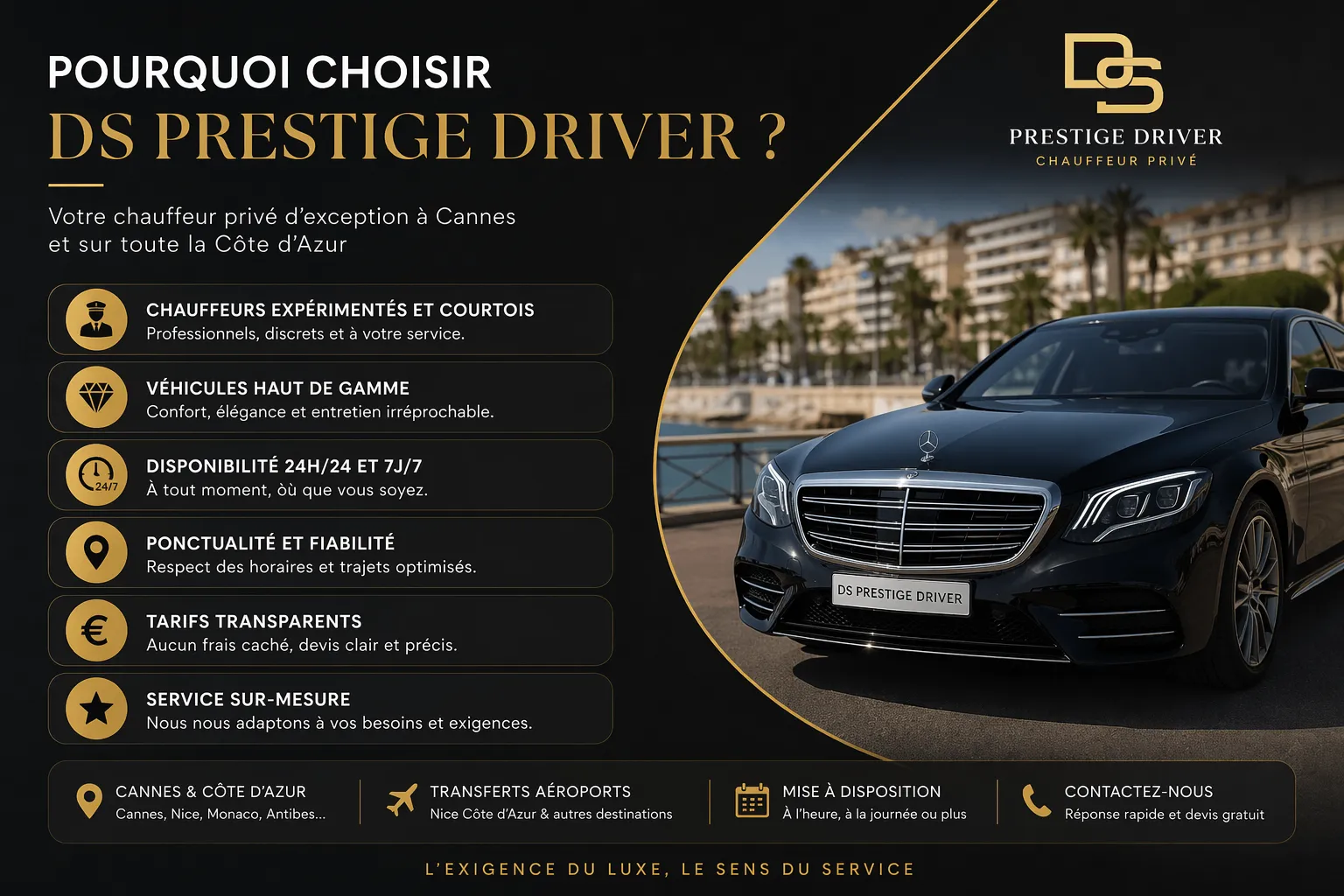 Chauffeur privé VTC haut de gamme à Cannes avec véhicule de luxe DS Prestige Driver disponible 24h/24 sur la Côte d’Azur