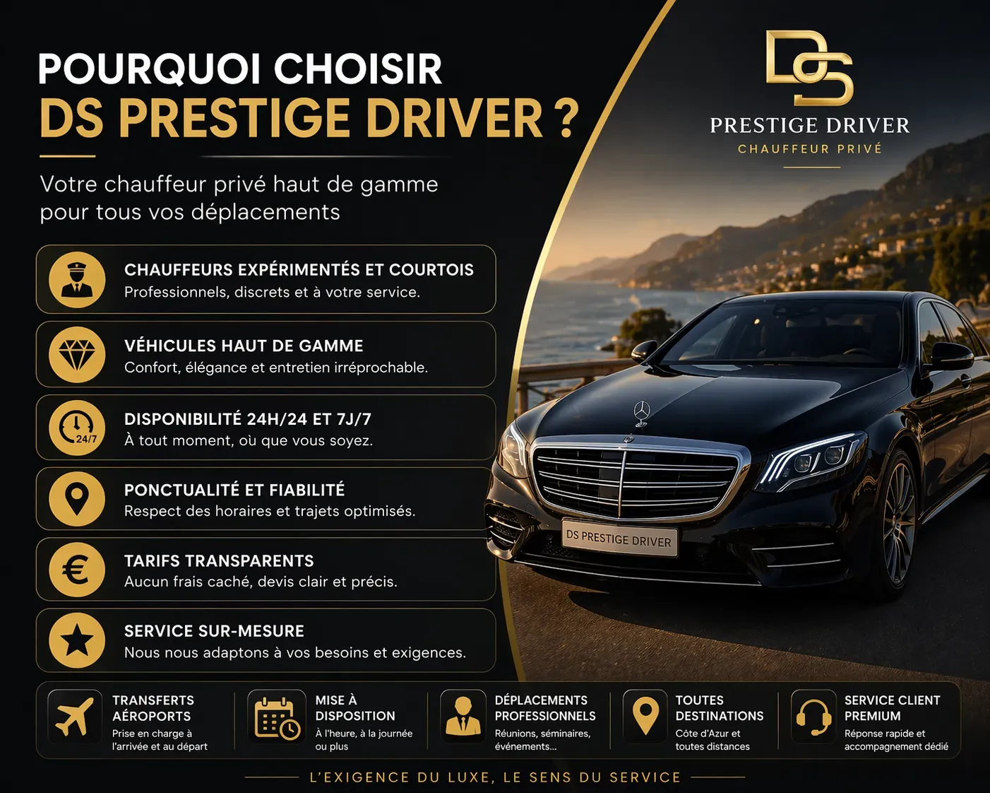 Chauffeur privé haut de gamme avec véhicule premium, service VTC professionnel disponible 24h/24 pour tous déplacements