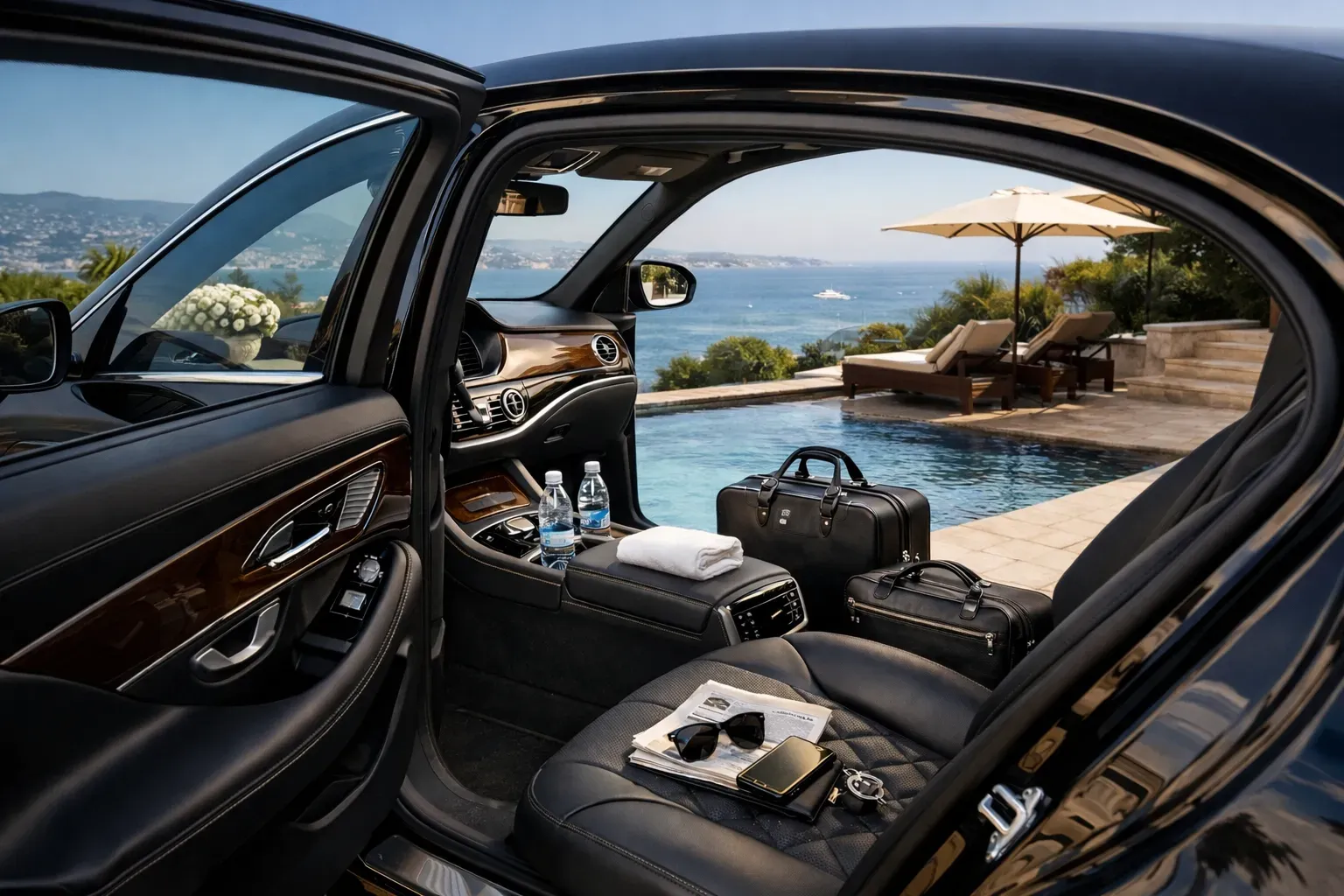Intérieur d’un véhicule de luxe avec sièges en cuir et prestations premium face à une vue mer, représentant un service de chauffeur privé haut de gamme dans le Var sans présence du chauffeur
