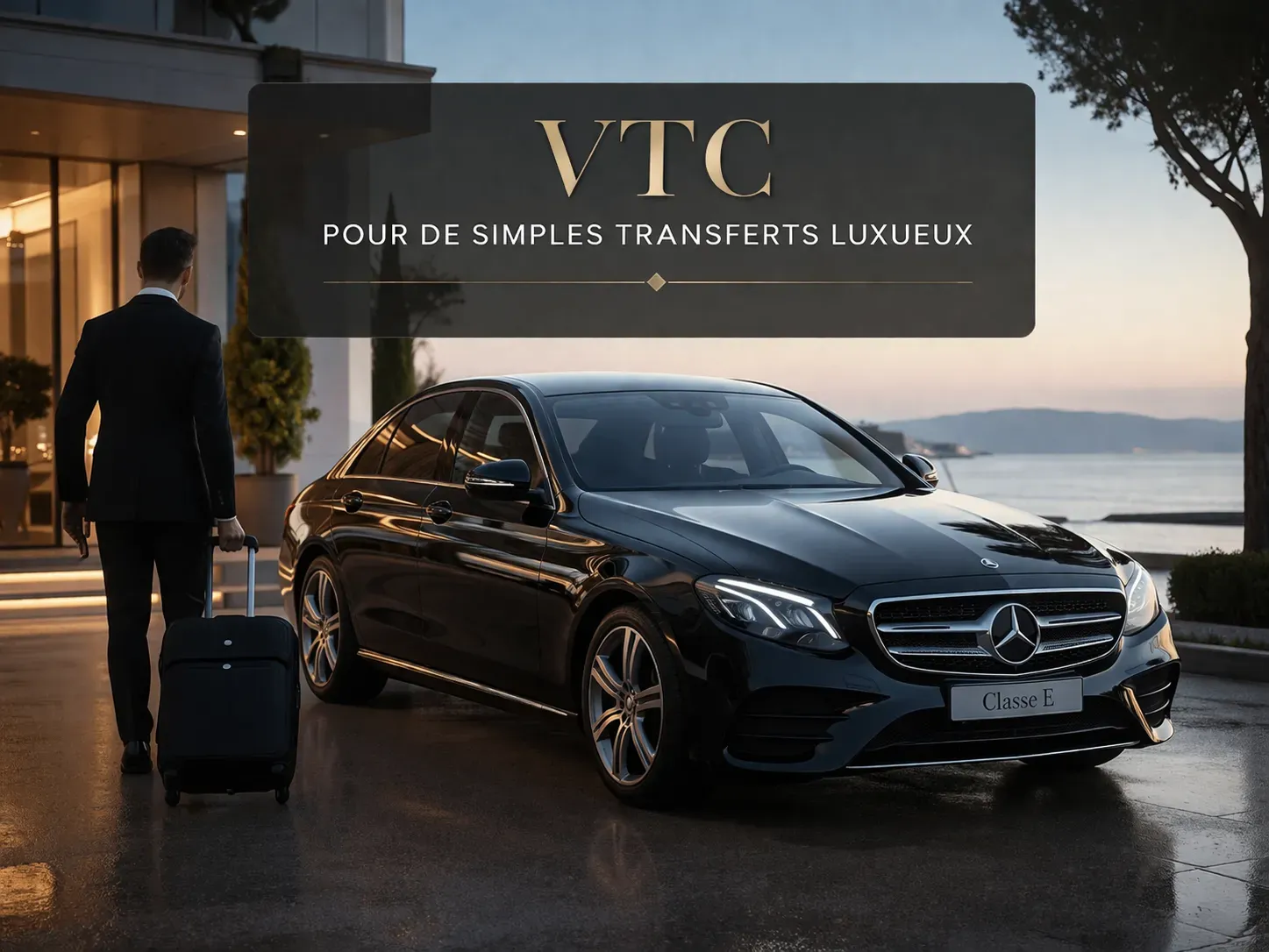 Service VTC luxe DS Prestige Driver avec Mercedes Classe E noire, chauffeur privé élégant pour transferts haut de gamme et déplacements professionnels ou aéroport