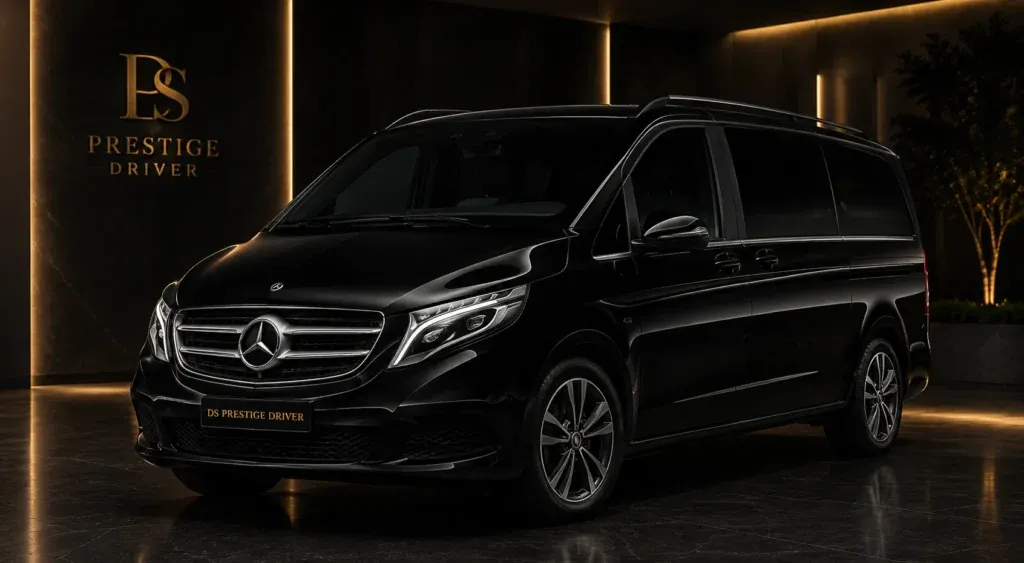 Mercedes Classe V noire de DS Prestige Driver avec chauffeur privé VTC pour transferts entre Nice, Saint-Tropez, les aéroports, hôtels, villas et ports de la Côte d'Azur.