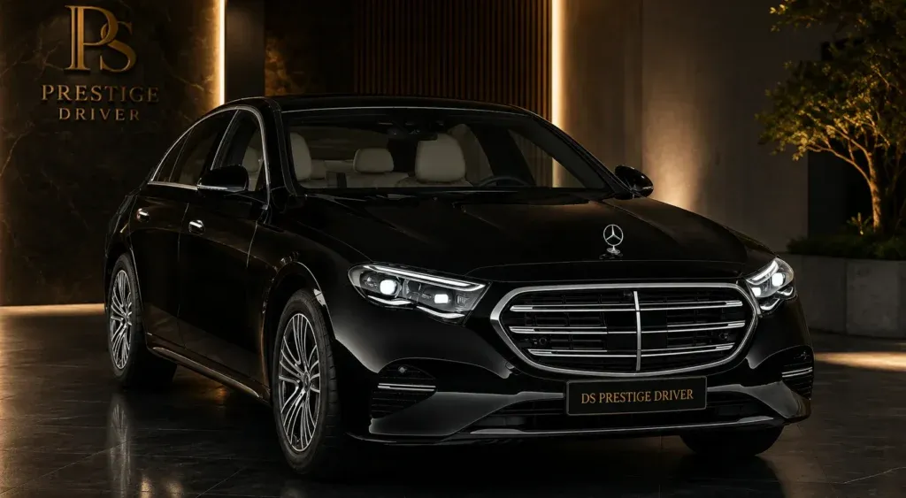 Mercedes Classe E noire de DS Prestige Driver, chauffeur privé VTC haut de gamme pour transferts entre Nice, Saint-Tropez, les aéroports, hôtels, villas et ports de la Côte d'Azur.